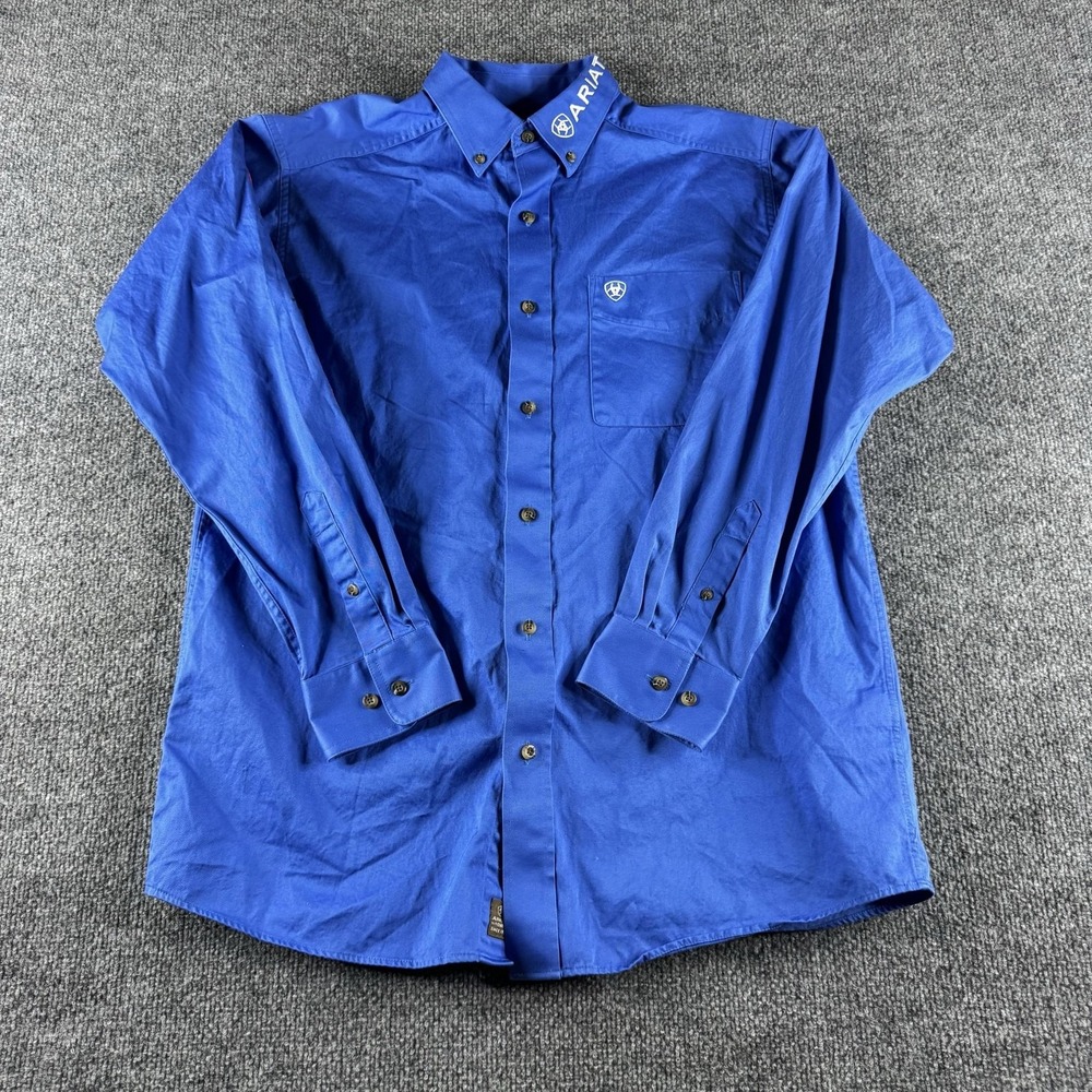 Ariat Shirt Mens M Blue Long Sleeve Button Up Patriotic USA Embroidered Workwear